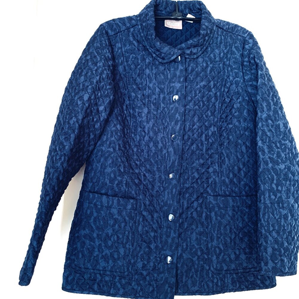 Chico’s Quilted Jacket Women’s 2 Shades of Blue Lightweight Snap Front – Size Sm